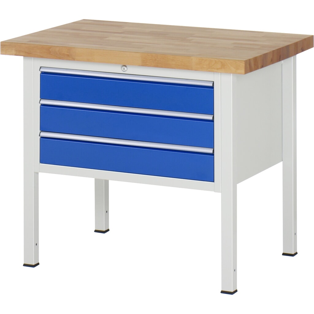 Obrázok výrobku: Pracovný stôl RAU série 8000, v × š × h 840 – 1 040 × 1 000 × 700 mm, 3 zásuv. so 100 % vysunutím, 3 × 120 mm, nosnosť zásuv. 75 kg