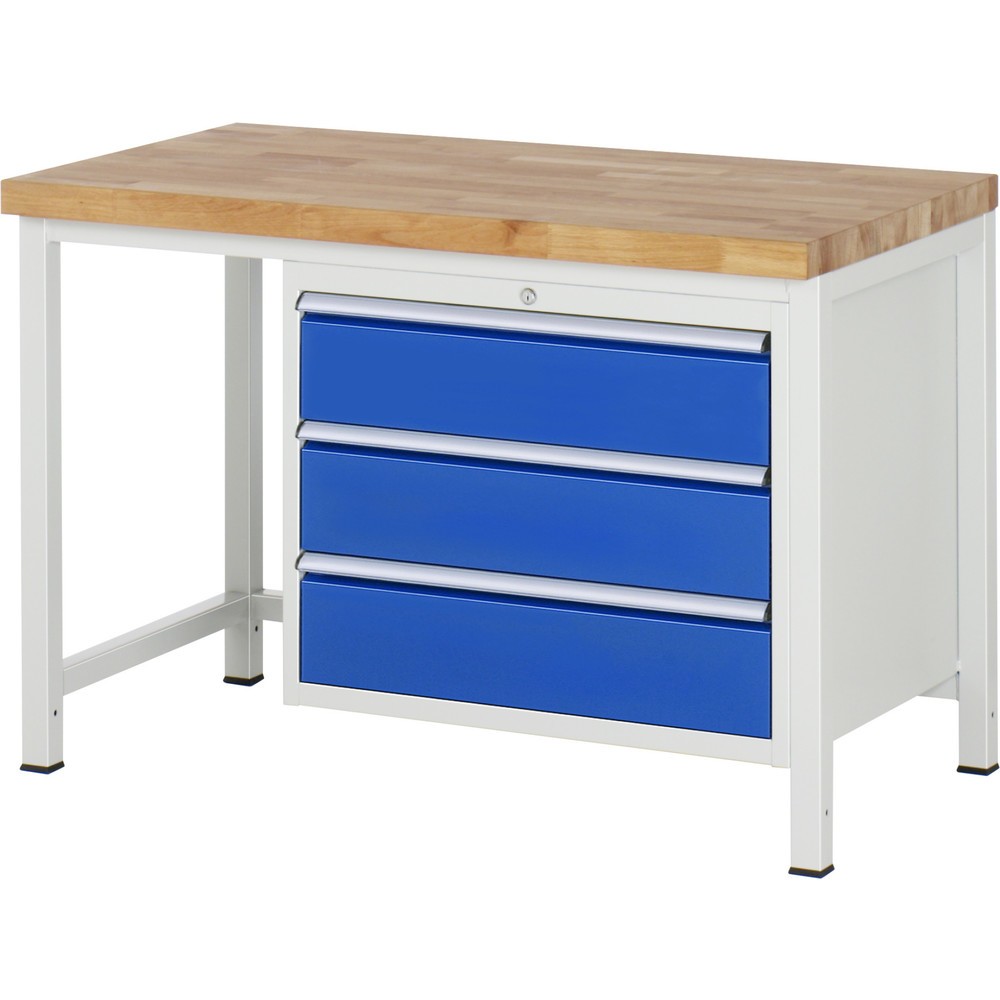 Číslo obrázka výrobku 1: Pracovný stôl RAU série 8000, v × š × h 840 × 1 250 × 700 mm, 3 zásuv. s 90 % vysunutím, 3 × 180 mm, nosnosť zásuv. 75 kg