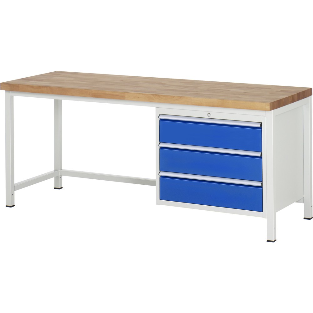 Číslo obrázka výrobku 1: Pracovný stôl RAU série 8000, v × š × h 840 – 1 040 × 2 000 × 700 mm, 3 zásuv. s 90 % vysunutím, 3 × 180 mm, nosnosť zásuv. 75 kg