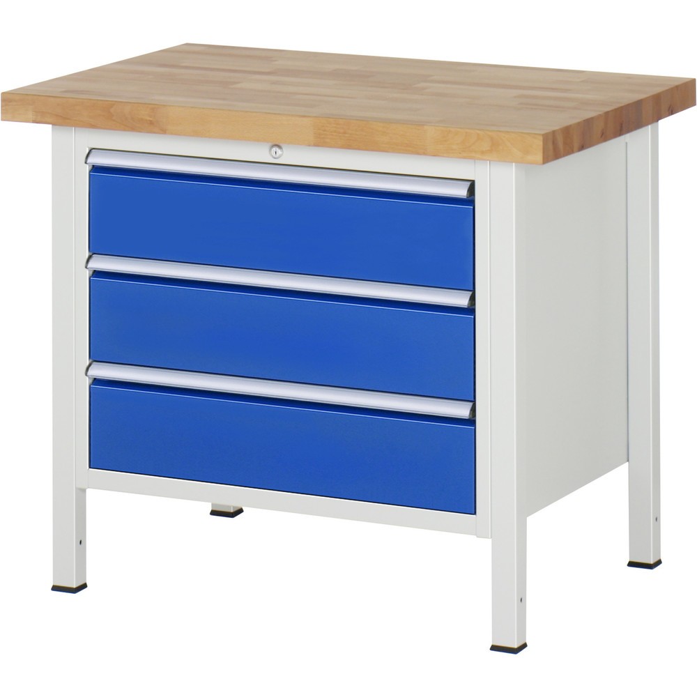 Číslo obrázka výrobku 1: Pracovný stôl RAU série 8000, v × š × h 840 – 1 040 × 1 000 × 700 mm, 3 zásuv. s 90 % vysunutím, 3 × 180 mm, nosnosť zásuv. 75 kg