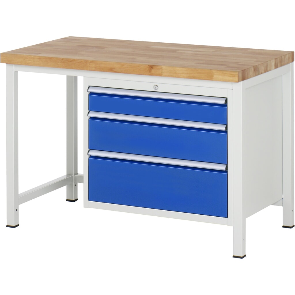 Obrázok výrobku: Pracovný stôl RAU série 8000, v × š × h 840 × 1 250 × 700 mm, 3 zásuv. s 90 % vysunutím, 1 × 120, 1 × 180, 1 × 240 mm, nosnosť zásuv. 75 kg