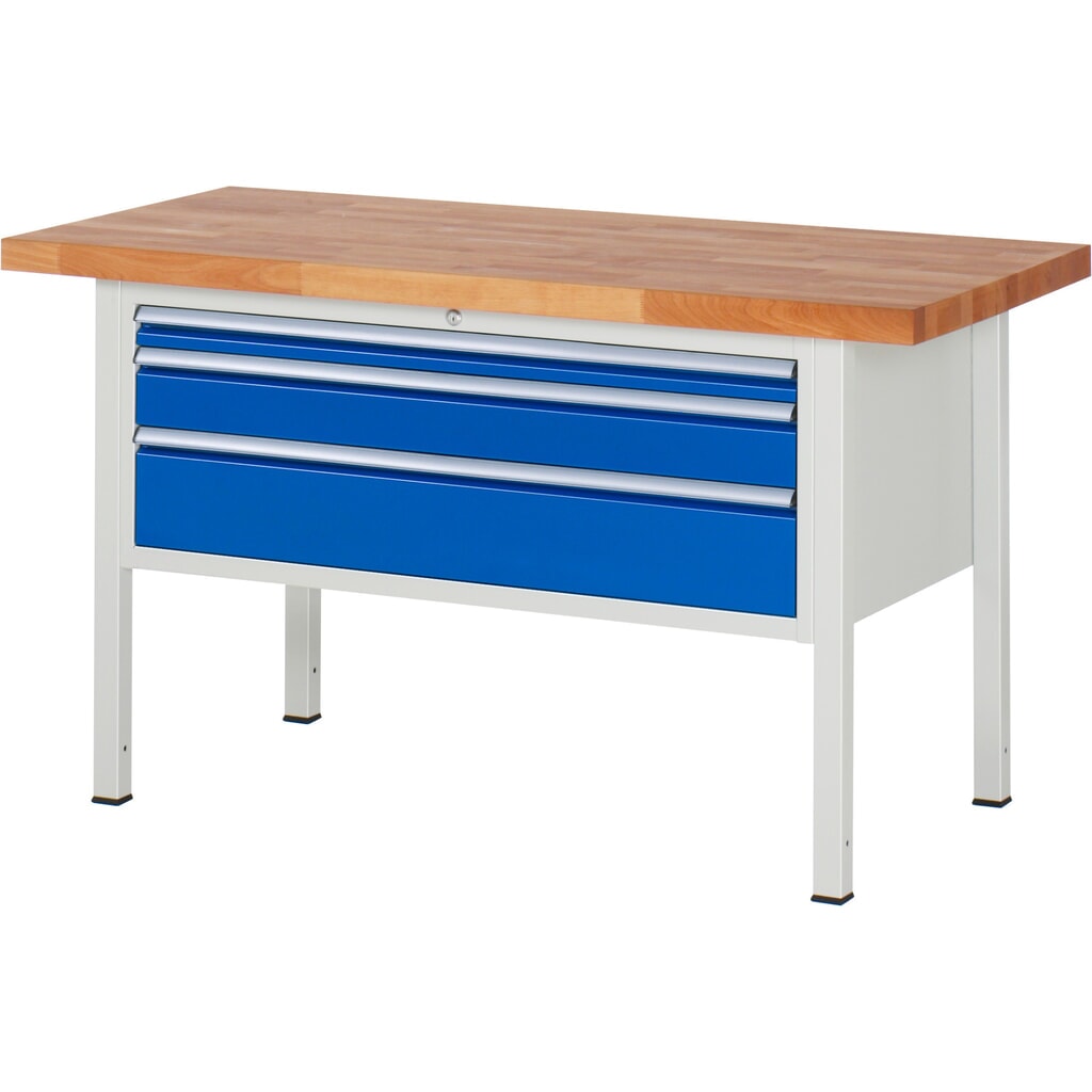 Číslo obrázka výrobku 1: Pracovný stôl RAU série 8000, v × š × h 840 – 1 040 × 1 500 × 700 mm, 3 zásuv. s 90 % vysunutím, 1 × 60, 1 × 120, 1 × 180 mm, nosnosť zásuv. 50 kg