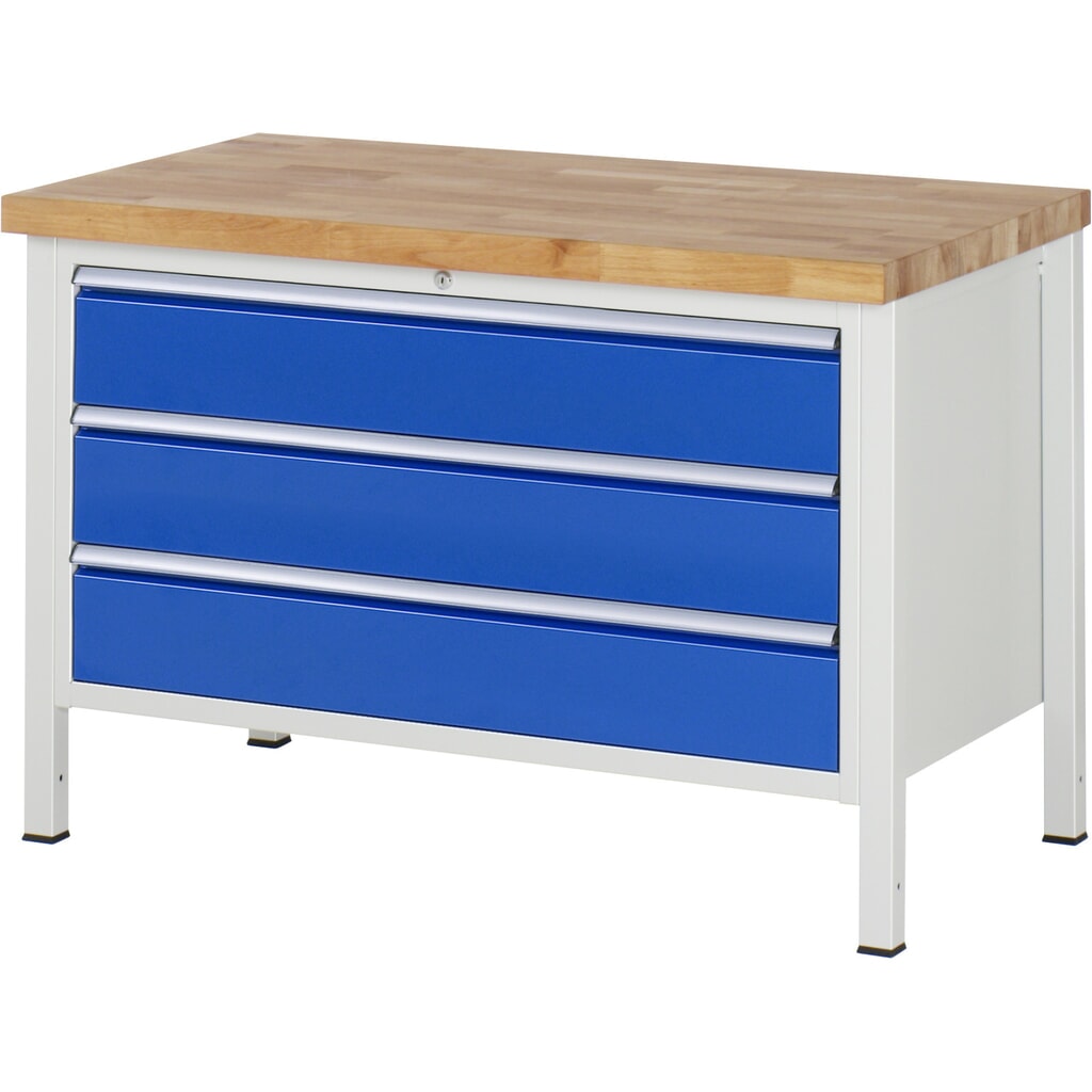 Pracovný stôl RAU série 8000, v × š × h 840 – 1 040 × 1 250 × 700 mm, 3 zásuv. s 90 % vysunutím, 3 × 180 mm, nosnosť zásuv. 50 kg Obrázok výrobku: Pracovný stôl RAU série 8000, v × š × h 840 – 1 040 × 1 250 × 700 mm, 3 zásuv. s 90 % vysunutím, 3 × 180 mm, nosnosť zásuv. 50 kg