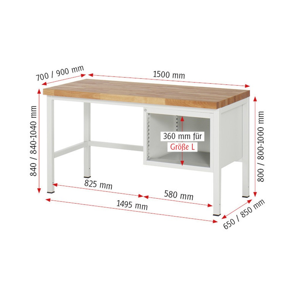 Číslo obrázka výrobku 5: Pracovný stôl RAU série 8000, v × š × h 840 – 1 040 × 1 500 × 900 mm, 3 zásuv. s 100 % vysunutím, 3 × 120 mm, nosnosť zásuv. 100 kg