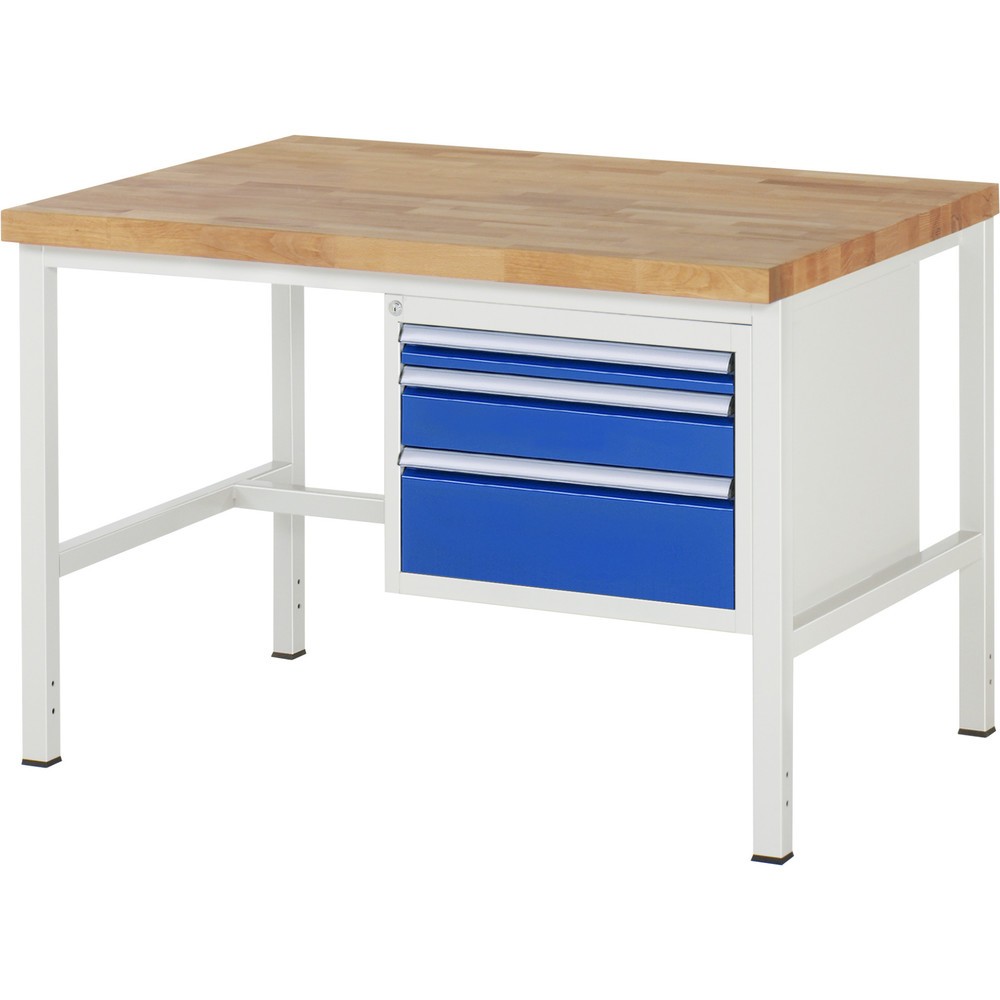 Číslo obrázka výrobku 1: Pracovný stôl RAU série 8000, v × š × h 840 – 1 040 × 1 250 × 900 mm, 3 zásuv. s 90 % vysunutím, 1 × 60, 1 × 120, 1 × 180 mm, nosnosť zásuv. 100 kg