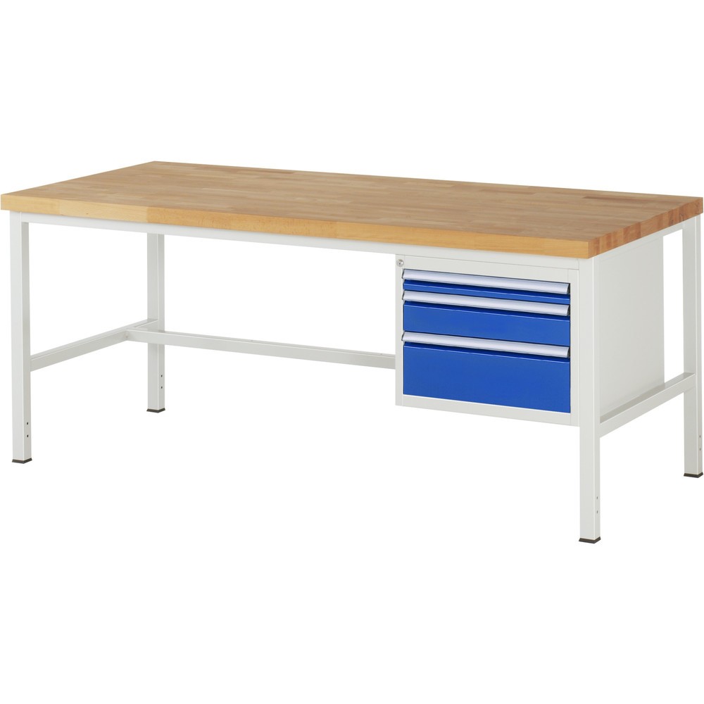 Číslo obrázka výrobku 1: Pracovný stôl RAU série 8000, v × š × h 840 – 1 040 × 2 000 × 900 mm, 3 zásuv. s 90 % vysunutím, 1 × 60, 1 × 120, 1 × 180 mm, nosnosť zásuv. 100 kg