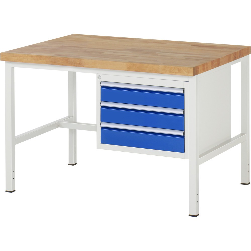 Číslo obrázka výrobku 1: Pracovný stôl RAU série 8000, v × š × h 840 – 1 040 × 1 250 × 900 mm, 3 zásuv. s 90 % vysunutím, 3 × 120 mm, nosnosť zásuv. 100 kg