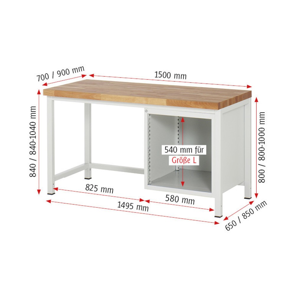 Číslo obrázka výrobku 5: Pracovný stôl RAU série 8000, v × š × h 840 – 1 040 × 1 500 × 900 mm, 2 zásuv. s 100 % vysunutím, 1 × 180, 1 × 360 mm, nosnosť zásuv. 100 kg