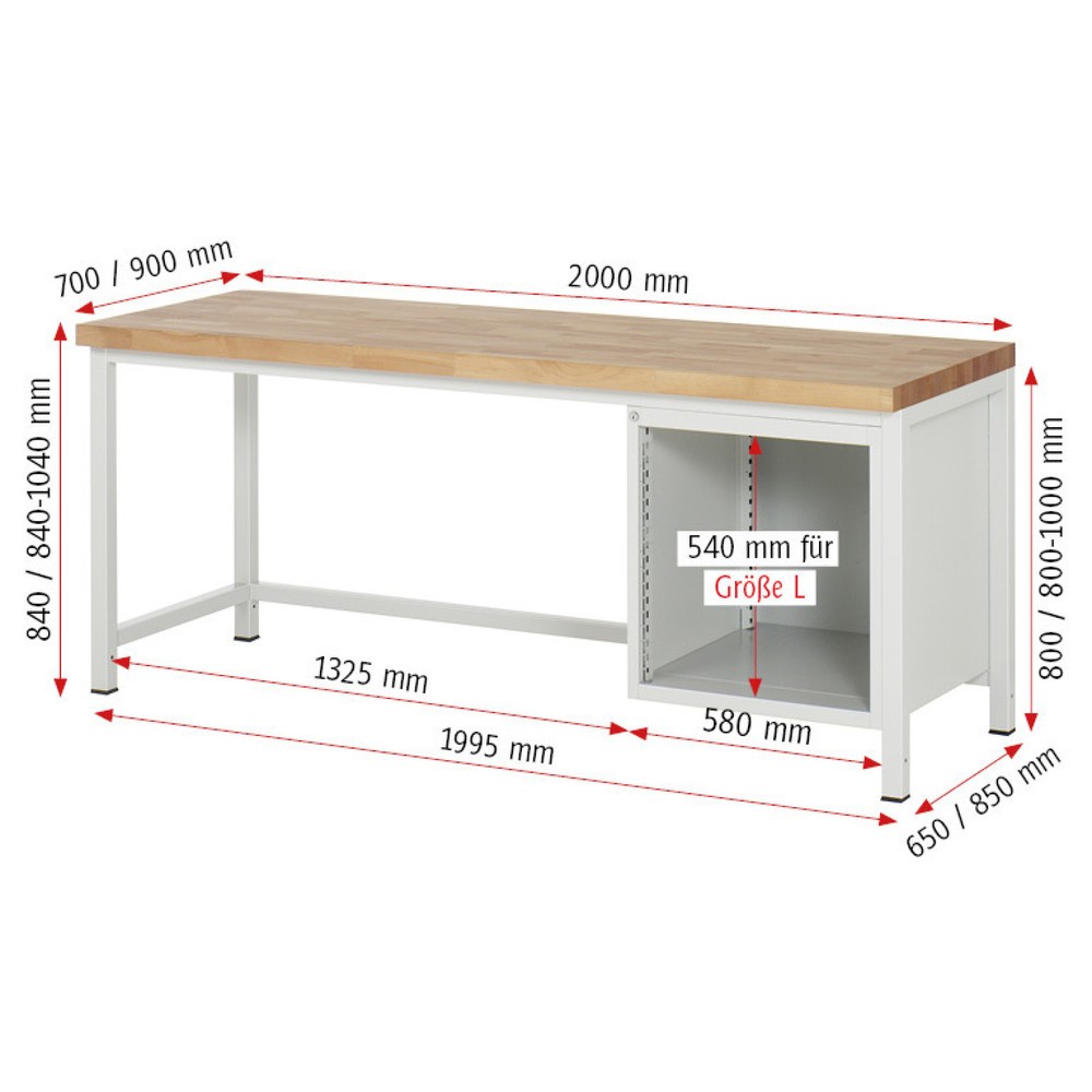Číslo obrázka výrobku 5: Pracovný stôl RAU série 8000, v × š × h 840 – 1 040 × 2 000 × 700 mm, 5 zásuv. s 100 % vysunutím, 2 × 90, 3 × 120 mm, nosnosť zásuv. 100 kg