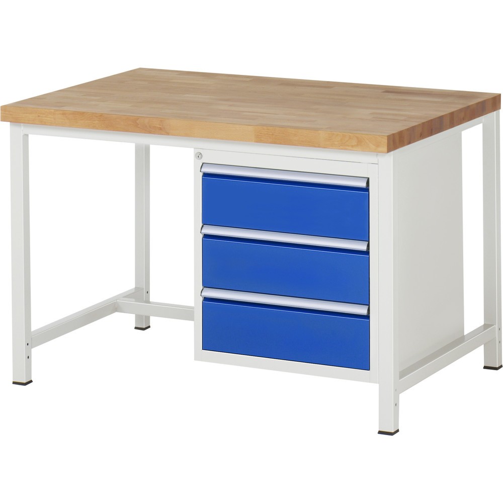 Číslo obrázka výrobku 1: Pracovný stôl RAU série 8000, v × š × h 840 – 1 040 × 1 250 × 900 mm, 3 zásuv. s 90 % vysunutím, 3 × 180 mm, nosnosť zásuv. 100 kg