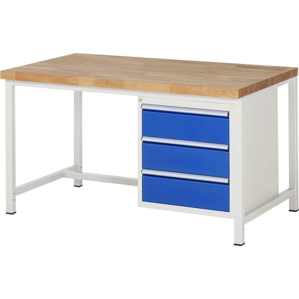 Číslo obrázka výrobku 1: Pracovný stôl RAU série 8000, v × š × h 840 – 1 040 × 1 500 × 900 mm, 3 zásuv. s 100 % vysunutím, 3 × 180 mm, nosnosť zásuv. 100 kg