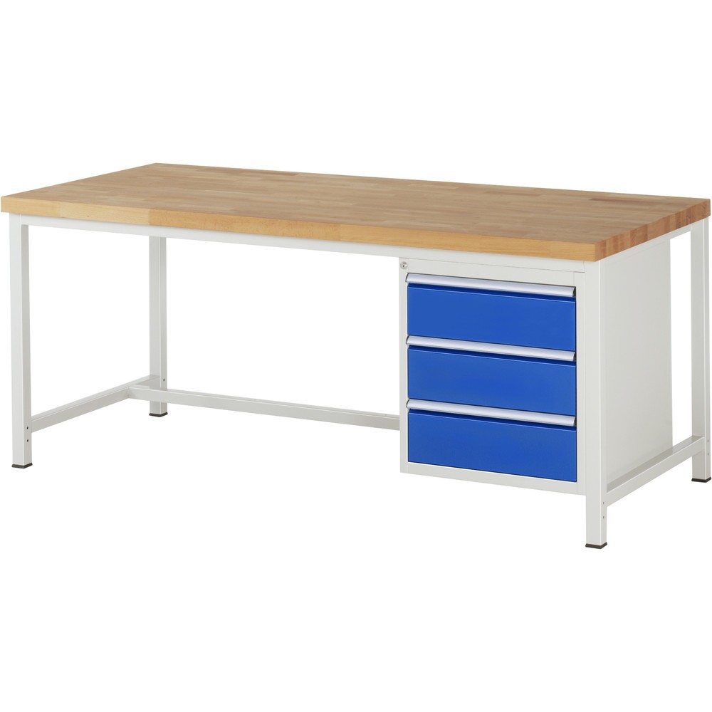 Číslo obrázka výrobku 1: Pracovný stôl RAU série 8000, v × š × h 840 × 2 000 × 900 mm, 3 zásuv. s 100 % vysunutím, 3 × 180 mm, nosnosť zásuv. 100 kg