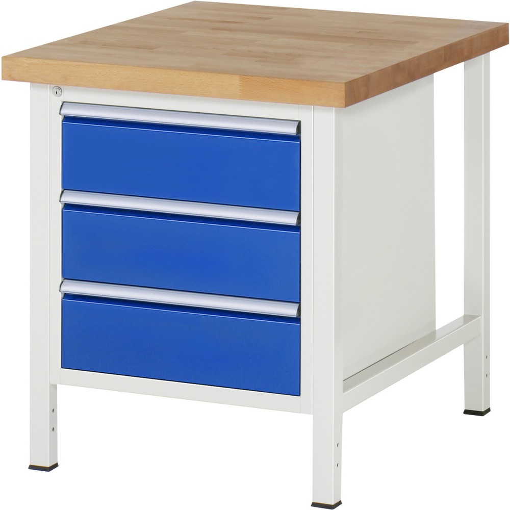 Číslo obrázka výrobku 1: Pracovný stôl RAU série 8000, v × š × h 840 – 1 040 × 750 × 900 mm, 3 zásuv. s 100 % vysunutím, 3 × 180 mm, nosnosť zásuv. 100 kg