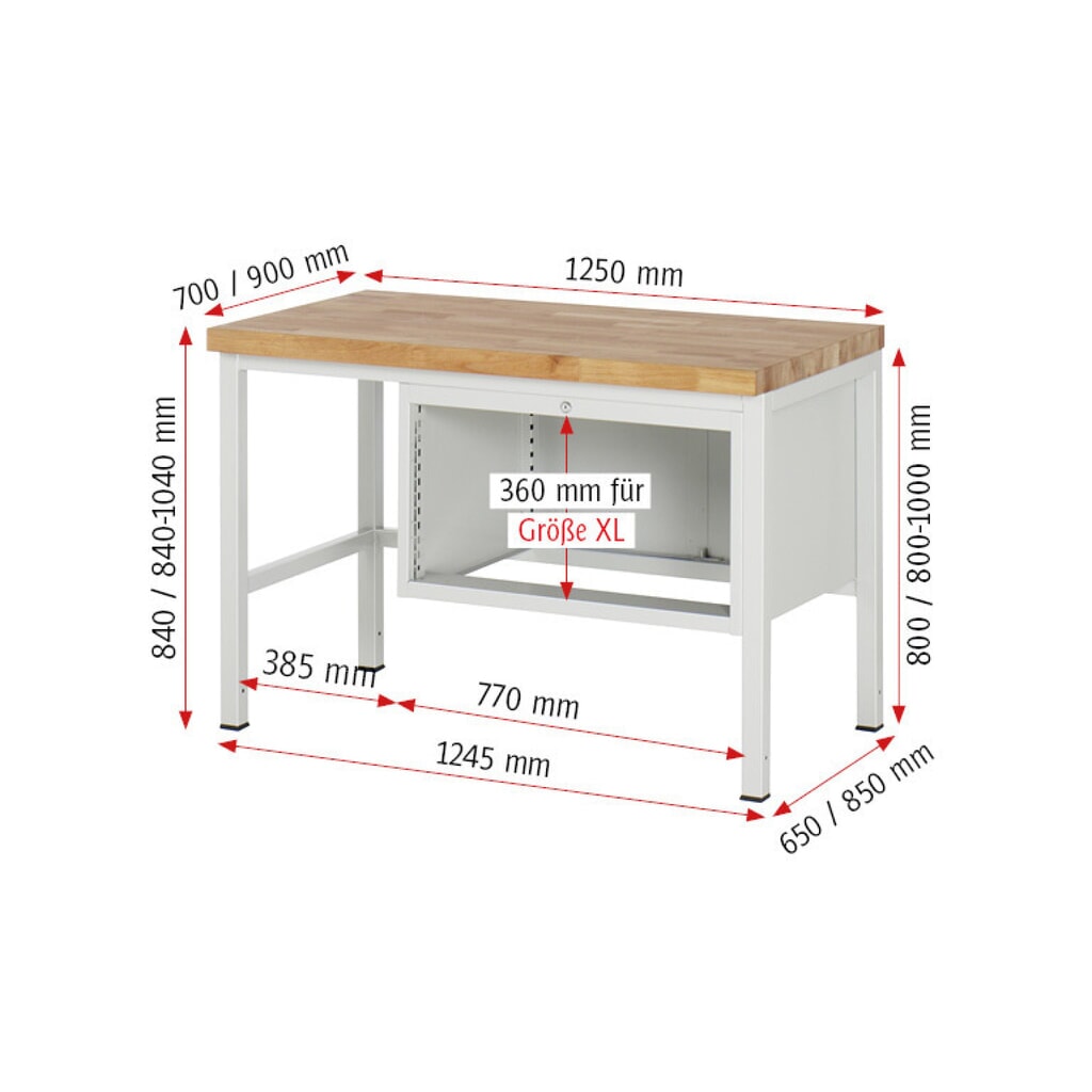 Číslo obrázka výrobku 7: Pracovný stôl RAU série 8000, v × š × h 840 – 1 040 × 1 250 × 900 mm, 4 zásuv. so 100 % vysunutím, 1 × 60, 2 × 90, 1 × 120 mm, nosnosť zásuv. 75 kg