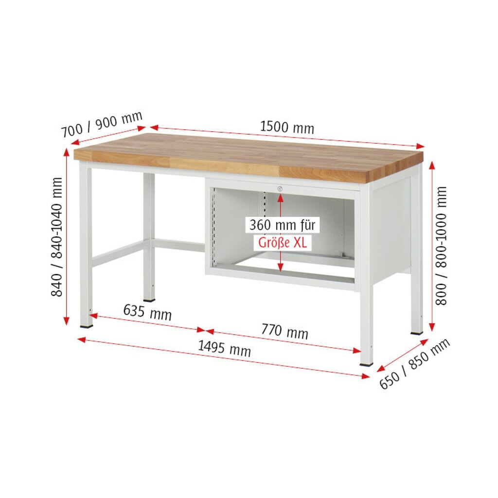 Číslo obrázka výrobku 5: Pracovný stôl RAU série 8000, v × š × h 840 × 1 500 × 900 mm, 3 zásuv. s 90 % vysunutím, 3 × 120 mm, nosnosť zásuv. 75 kg