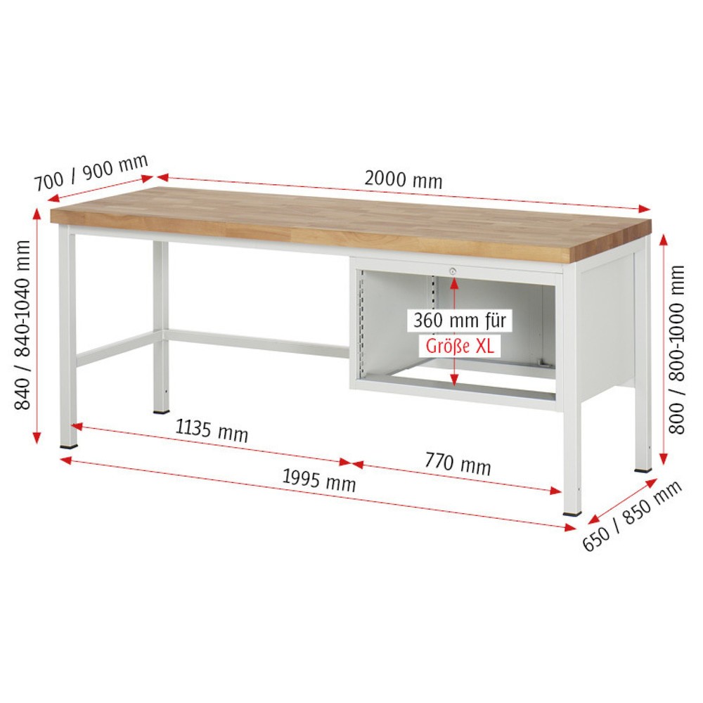 Číslo obrázka výrobku 4: Pracovný stôl RAU série 8000, v × š × h 840 – 1 040 × 2 000 × 900 mm, 4 zásuv. so 100 % vysunutím, 1 × 60, 2 × 90, 1 × 120 mm, nosnosť zásuv. 75 kg