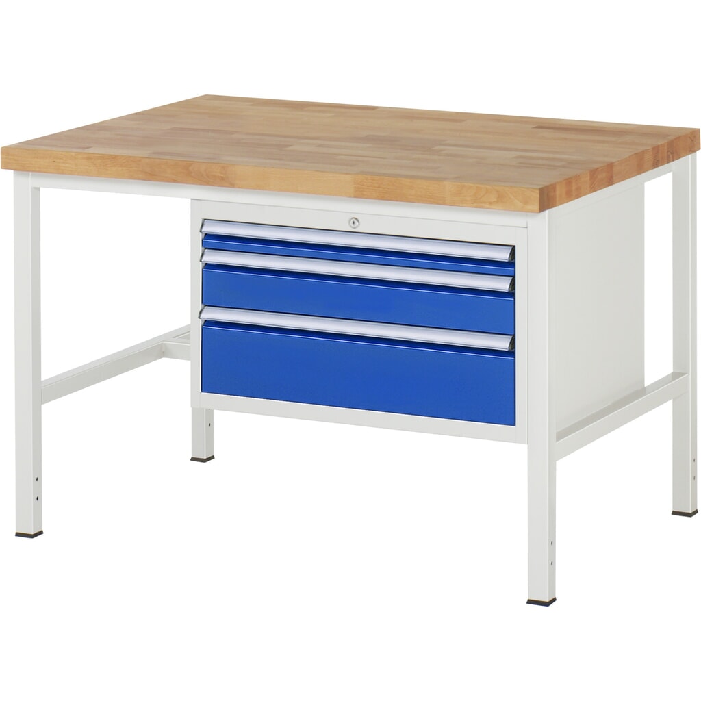 Obrázok výrobku: Pracovný stôl RAU série 8000, v × š × h 840 – 1 040 × 1 250 × 900 mm, 3 zásuv. s 100 % vysunutím, 1 × 60, 1 × 120, 1 × 180 mm, nosnosť zásuv. 75 kg
