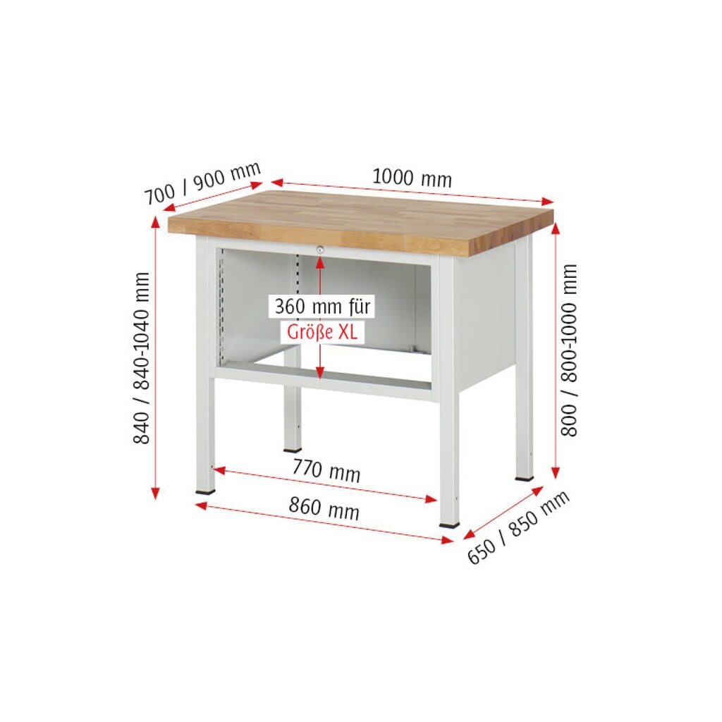Číslo obrázka výrobku 8: Pracovný stôl RAU série 8000, v × š × h 840 – 1 040 × 1 000 × 700 mm, 3 zásuv. so 100 % vysunutím, 1 × 60, 1 × 120, 1 × 180 mm, nosnosť zásuv. 75 kg