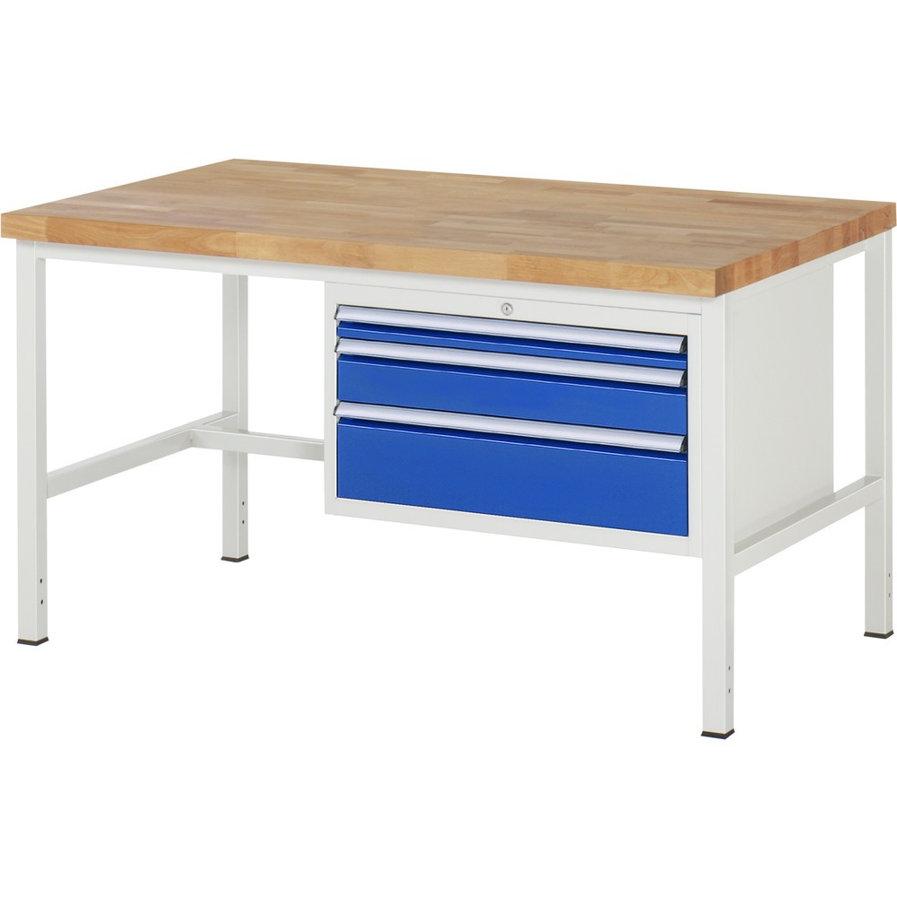 Číslo obrázka výrobku 1: Pracovný stôl RAU série 8000, v × š × h 840 – 1 040 × 1 500 × 900 mm, 3 zásuv. so 100 % vysunutím, 1 × 60, 1 × 120, 1 × 180 mm, nosnosť zásuv. 75 kg