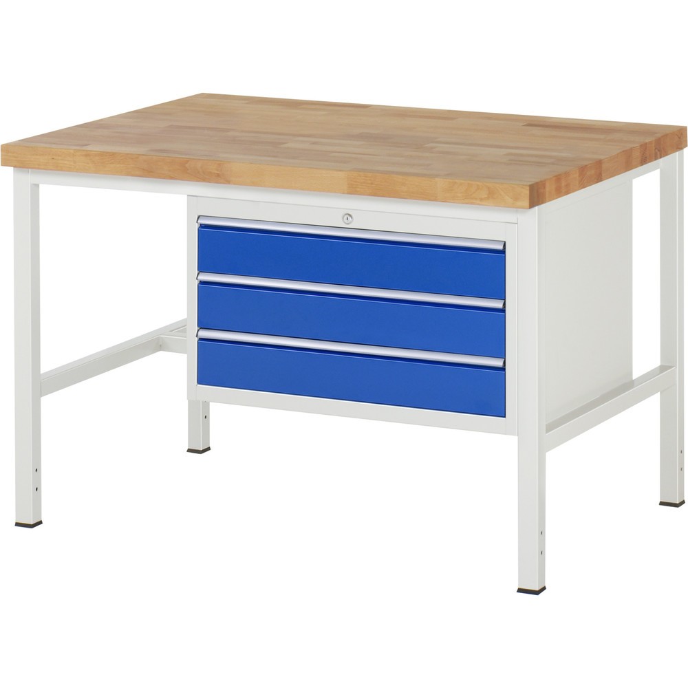 Číslo obrázka výrobku 1: Pracovný stôl RAU série 8000, v × š × h 840 – 1 040 × 1 250 × 900 mm, 3 zásuv. so 100 % vysunutím, 3 × 120 mm, nosnosť zásuv. 75 kg