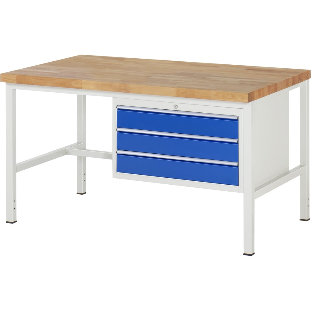 Obrázok výrobku: Pracovný stôl RAU série 8000, v × š × h 840 × 1 500 × 900 mm, 3 zásuv. s 90 % vysunutím, 3 × 120 mm, nosnosť zásuv. 75 kg