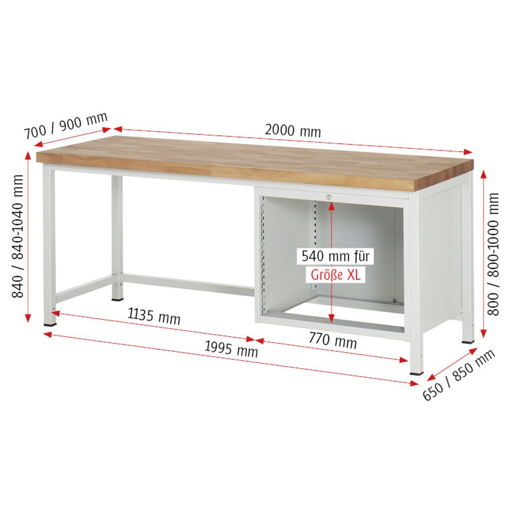 Číslo obrázka výrobku 7: Pracovný stôl RAU série 8000, v × š × h 840 – 1 040 × 2 000 × 700 mm, 3 zásuv. s 90 % vysunutím, 3 × 180 mm, nosnosť zásuv. 75 kg