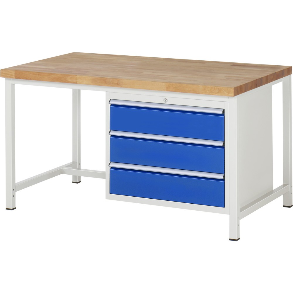 Číslo obrázka výrobku 1: Pracovný stôl RAU série 8000, v × š × h 840 – 1 040 × 1 500 × 900 mm, 3 zásuv. so 100 % vysunutím, 3 × 180 mm, nosnosť zásuv. 75 kg