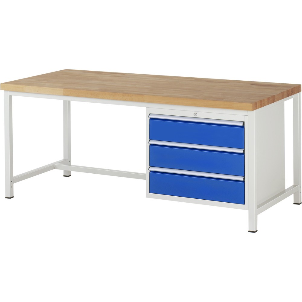 Číslo obrázka výrobku 1: Pracovný stôl RAU série 8000, v × š × h 840 – 1 040 × 2 000 × 900 mm, 3 zásuv. so 100 % vysunutím, 3 × 180 mm, nosnosť zásuv. 75 kg