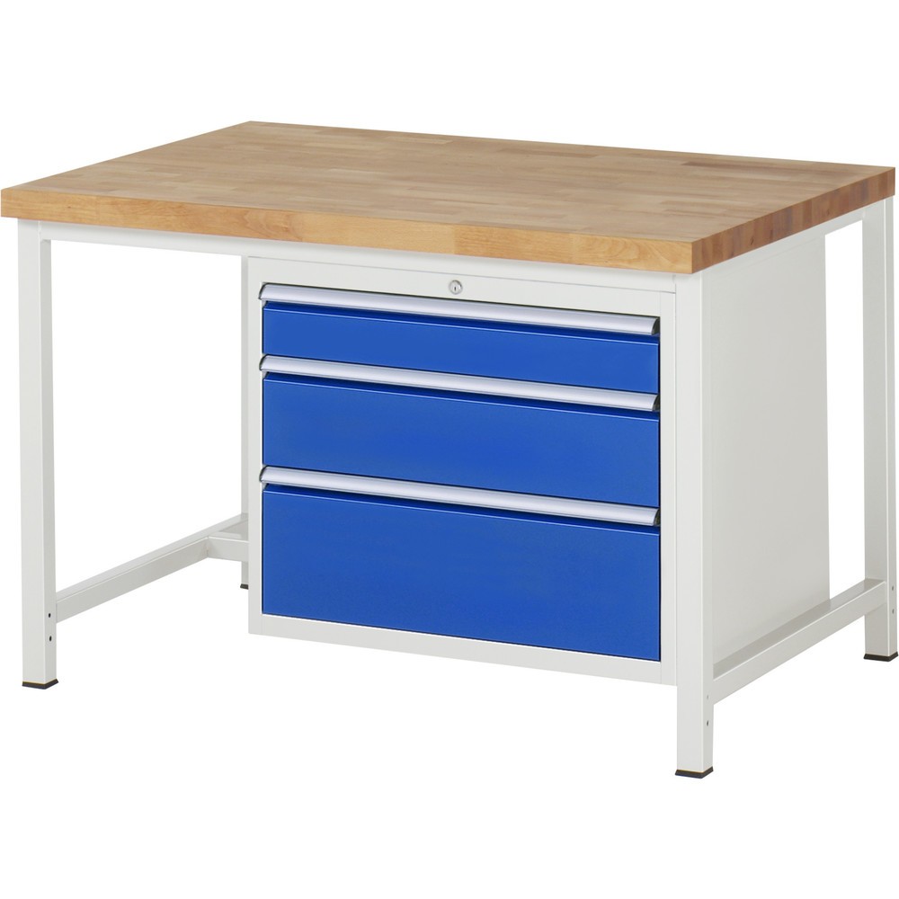 Číslo obrázka výrobku 1: Pracovný stôl RAU série 8000, v × š × h 840 × 1 250 × 900 mm, 3 zásuv. so 100 % vysunutím, 1 × 120, 1 × 180, 1 × 240 mm, nosnosť zásuv. 75 kg