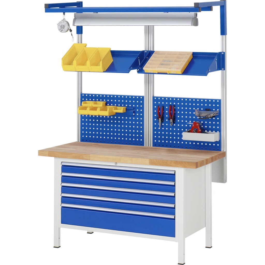 Číslo obrázka výrobku 5: Pracovný stôl RAU série 8000, v × š × h 840 × 1 500 × 700 mm, 5 zásuv. so 100 % vysunutím, 2 × 90, 3 × 120 mm, nosnosť zásuv. 50 kg
