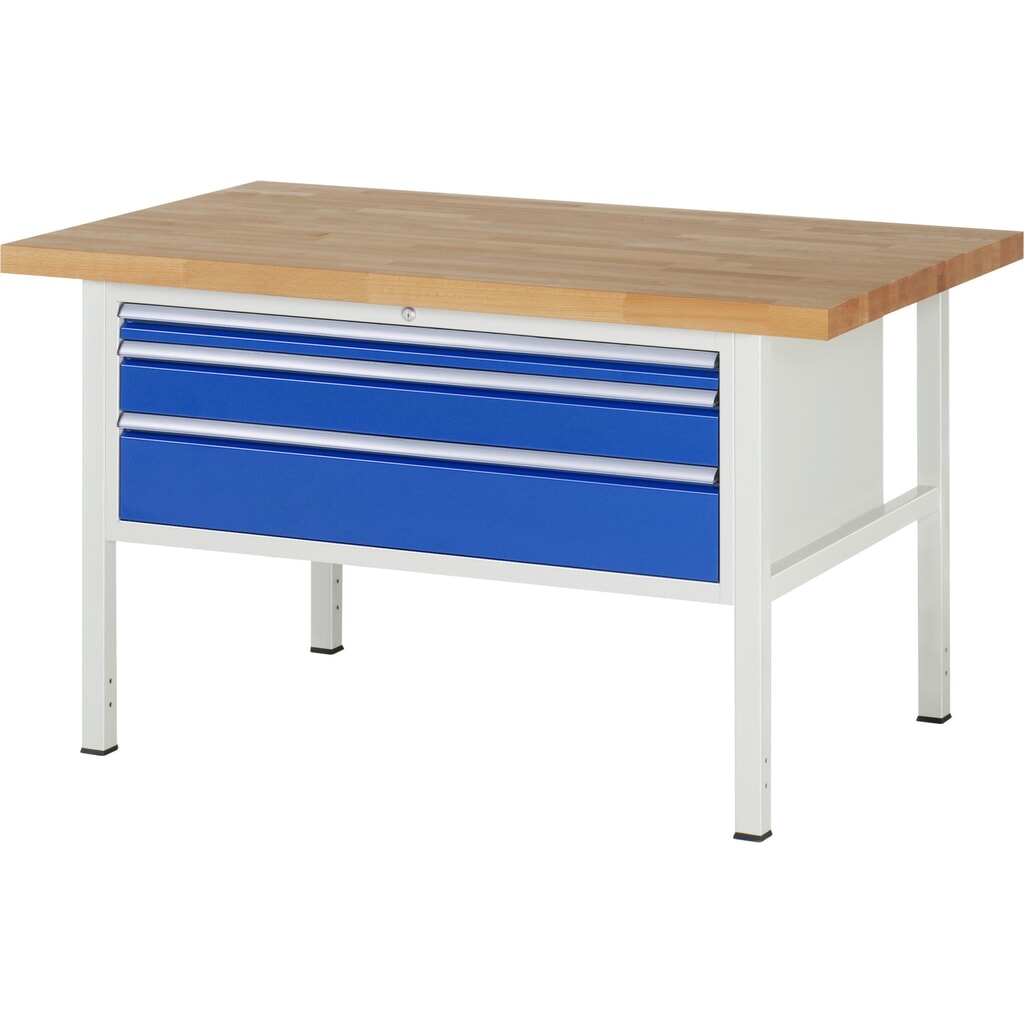 Číslo obrázka výrobku 1: Pracovný stôl RAU série 8000, v × š × h 840 × 1 500 × 900 mm, 3 zásuv. so 100 % vysunutím, 1 × 60, 1 × 120, 1 × 180 mm, nosnosť zásuv. 50 kg