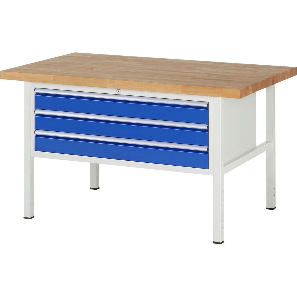 Obrázok výrobku: Pracovný stôl RAU série 8000, v × š × h 840 – 1 040 × 1 500 × 900 mm, 3 zásuv. so 100 % vysunutím, 3 × 120 mm, nosnosť zásuv. 50 kg