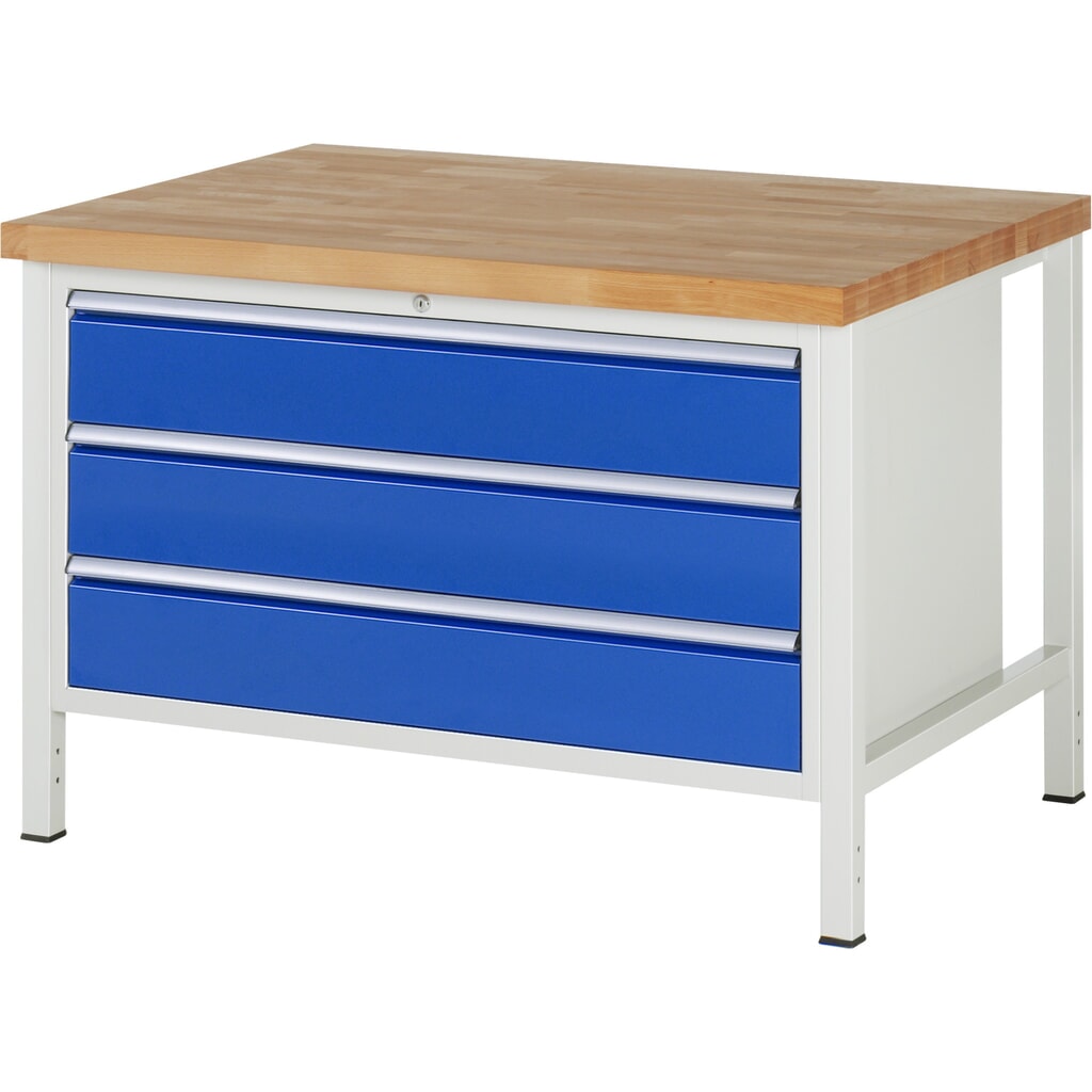 Pracovný stôl RAU série 8000, v × š × h 840 × 1 250 × 900 mm, 3 zásuv. s 90 % vysunutím, 3 × 180 mm, nosnosť zásuv. 50 kg Obrázok výrobku: Pracovný stôl RAU série 8000, v × š × h 840 × 1 250 × 900 mm, 3 zásuv. s 90 % vysunutím, 3 × 180 mm, nosnosť zásuv. 50 kg