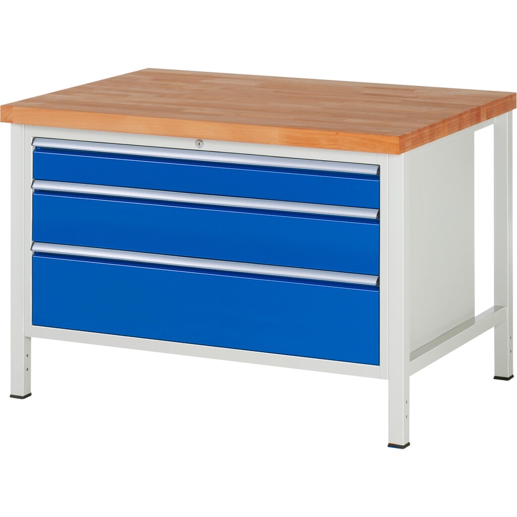 Pracovný stôl RAU série 8000, v × š × h 840 – 1 040 × 1 250 × 900 mm, 3 zásuv. so 100 % vysunutím, 1 × 120, 1 × 180, 1 × 240 mm, nosnosť zásuv. 50 kg Obrázok výrobku: Pracovný stôl RAU série 8000, v × š × h 840 – 1 040 × 1 250 × 900 mm, 3 zásuv. so 100 % vysunutím, 1 × 120, 1 × 180, 1 × 240 mm, nosnosť zásuv. 50 kg