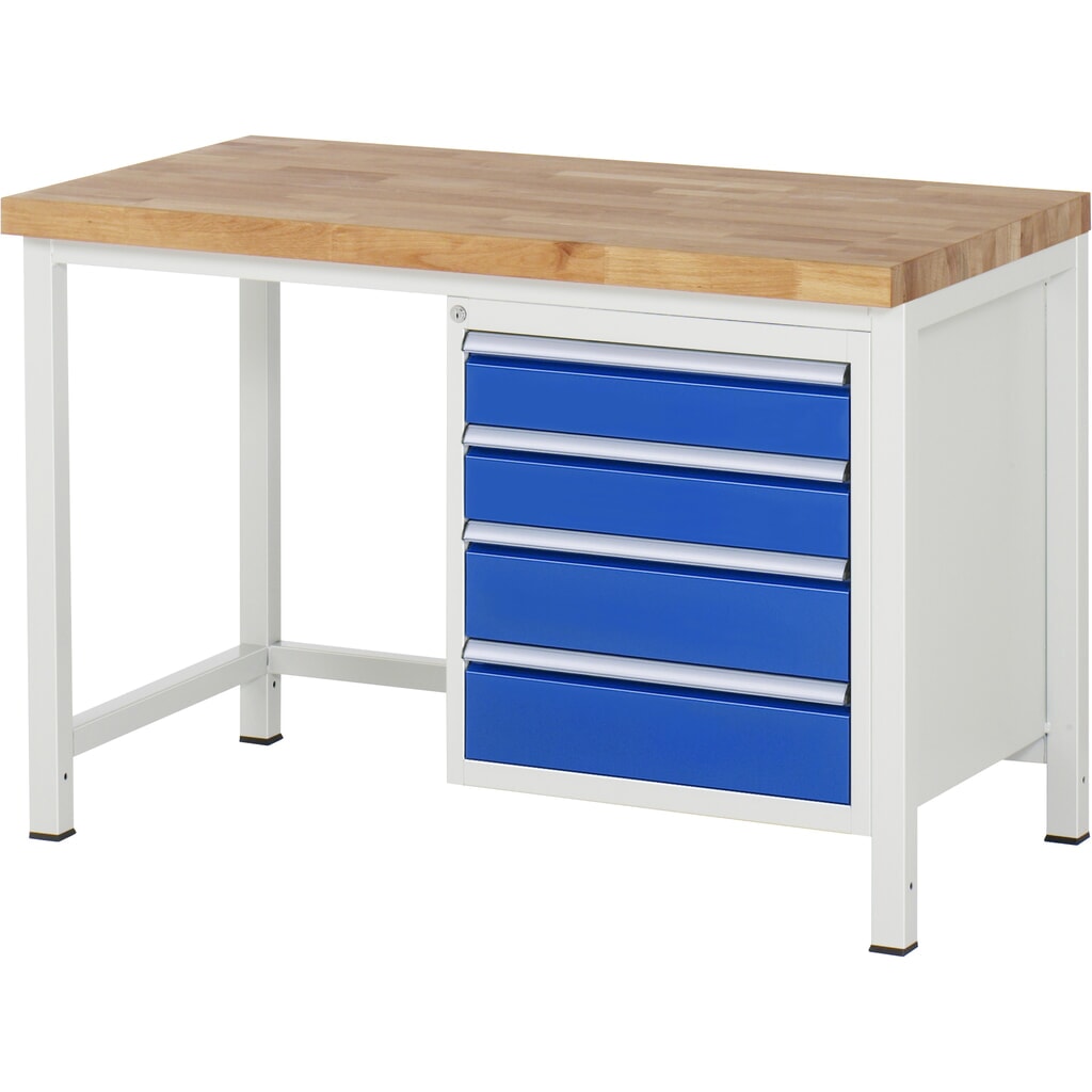Pracovný stôl RAU série 8 000, v × š × h 840 – 1 040 × 1 250 × 700 mm, 1 podstavný kontajner vpravo, s 4 zásuvkami Obrázok výrobku: Pracovný stôl RAU série 8 000, v × š × h 840 – 1 040 × 1 250 × 700 mm, 1 podstavný kontajner vpravo, s 4 zásuvkami