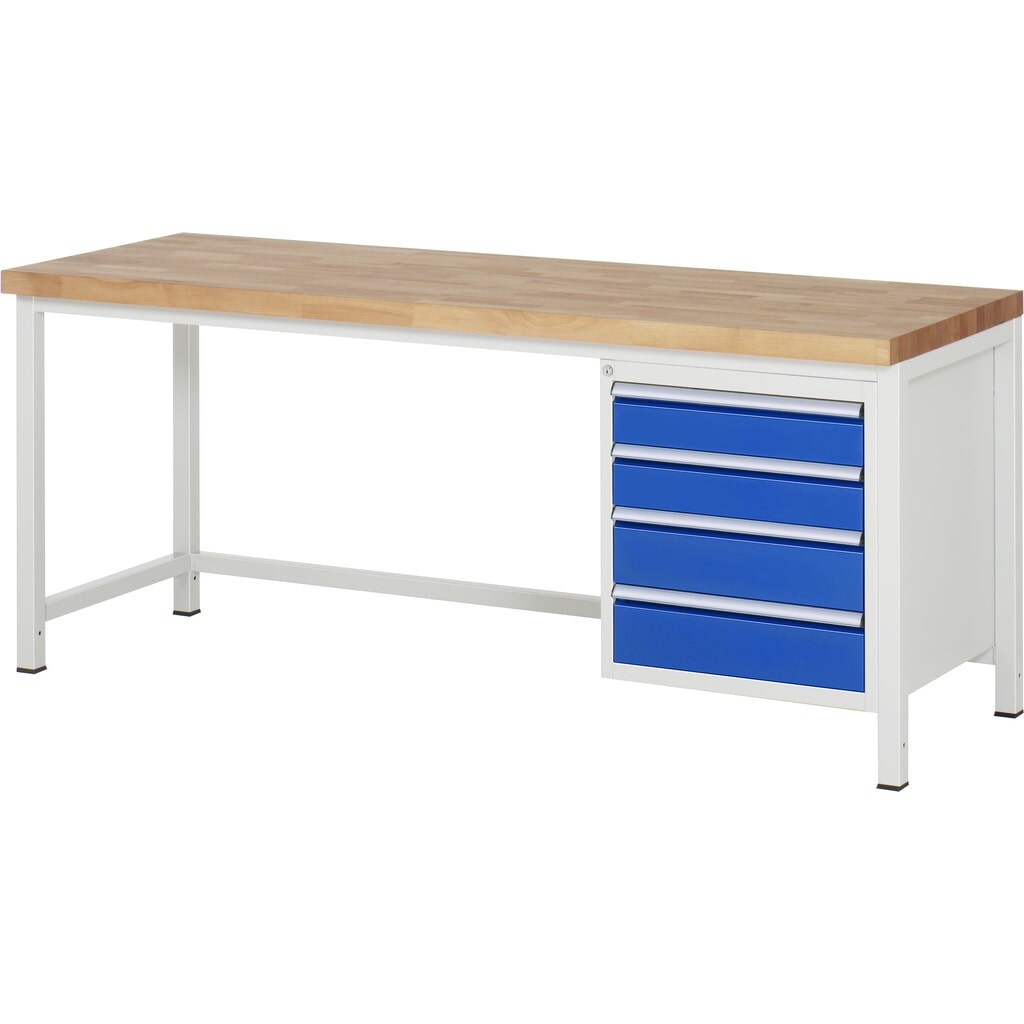 Pracovný stôl RAU série 8 000, v × š × h 840 – 1 040 × 2 000 × 700 mm, 1 podstavný kontajner vpravo, s 4 zásuvkami Obrázok výrobku: Pracovný stôl RAU série 8 000, v × š × h 840 – 1 040 × 2 000 × 700 mm, 1 podstavný kontajner vpravo, s 4 zásuvkami