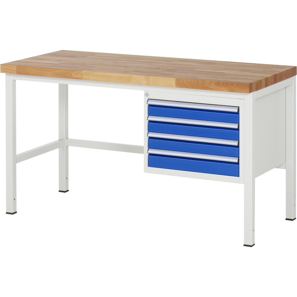 Číslo obrázka výrobku 1: Pracovný stôl RAU série 8000, v × š × h 840 – 1 040 × 1 500 × 700 mm, 4 zásuv. s 90 % vysunutím, 4 × 90 mm, nosnosť zásuv. 100 kg