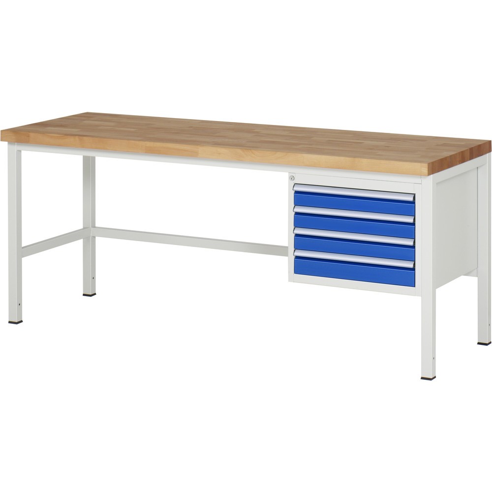 Číslo obrázka výrobku 1: Pracovný stôl RAU série 8000, v × š × h 840 × 2 000 × 700 mm, 4 zásuv. s 90 % vysunutím, 4 × 90 mm, nosnosť zásuv. 100 kg