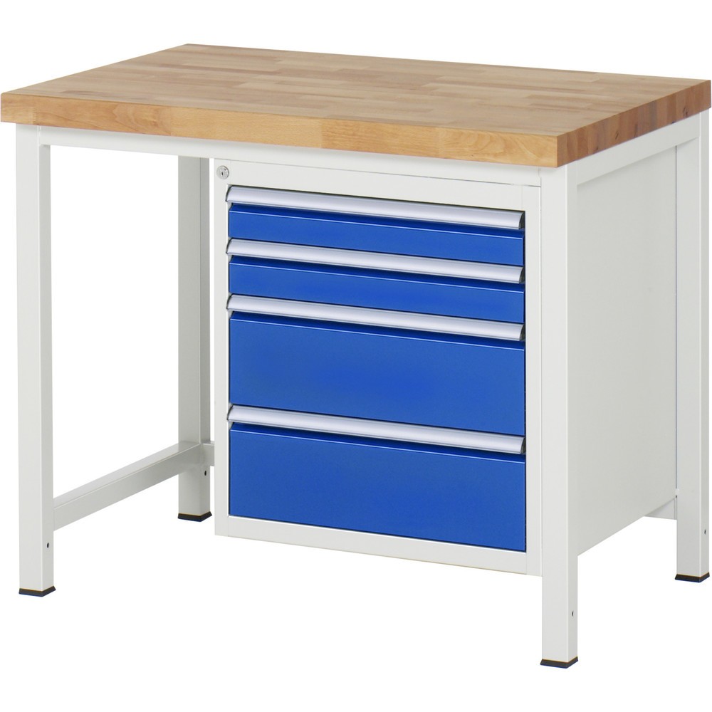 Číslo obrázka výrobku 1: Pracovný stôl RAU série 8000, v × š × h 840 – 1 040 × 1 000 × 700 mm, 4 zásuv. s 100 % vysunutím, 2 × 90, 2 × 180 mm, nosnosť zásuv. 100 kg
