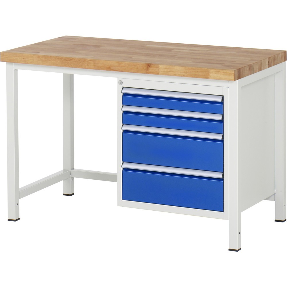Číslo obrázka výrobku 1: Pracovný stôl RAU série 8000, v × š × h 840 – 1 040 × 1 250 × 700 mm, 4 zásuv. s 90 % vysunutím, 2 × 90, 2 × 180 mm, nosnosť zásuv. 100 kg