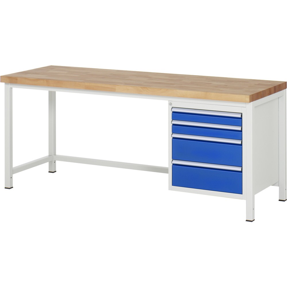 Číslo obrázka výrobku 1: Pracovný stôl RAU série 8000, v × š × h 840 – 1 040 × 2 000 × 700 mm, 4 zásuv. s 90 % vysunutím, 2 × 90, 2 × 180 mm, nosnosť zásuv. 100 kg