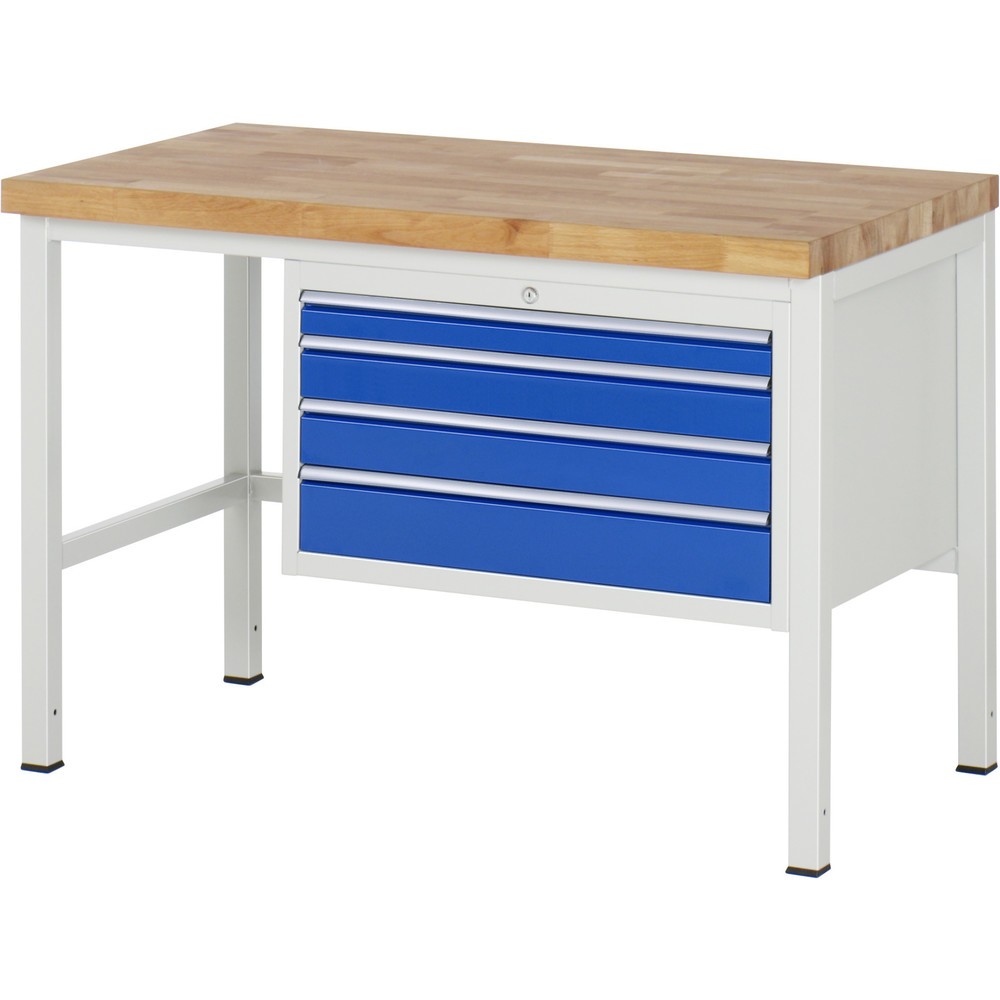 Číslo obrázka výrobku 1: Pracovný stôl RAU série 8000, v × š × h 840 – 1 040 × 1 250 × 700 mm, 4 zásuv. so 100 % vysunutím, 1 × 60, 2 × 90, 1 × 120 mm, nosnosť zásuv. 75 kg