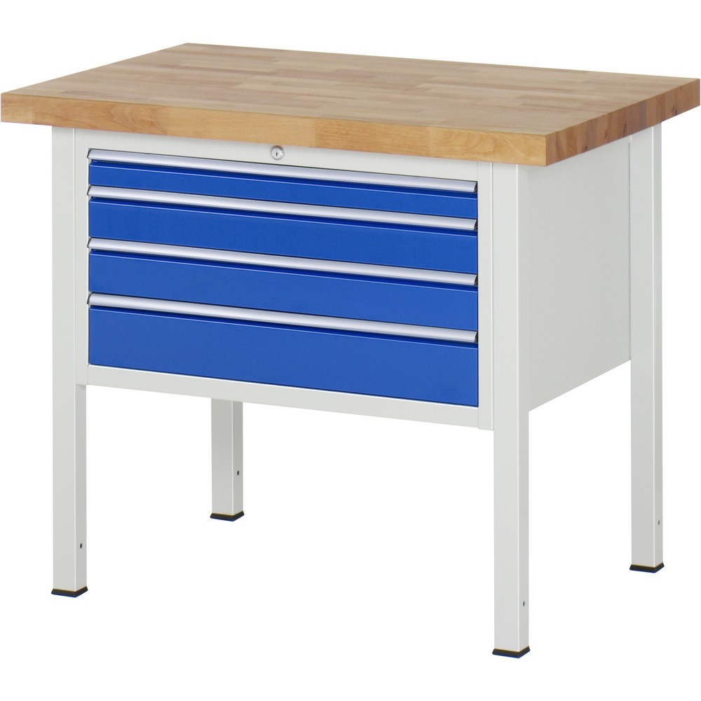 Číslo obrázka výrobku 1: Pracovný stôl RAU série 8000, v × š × h 840 – 1 040 × 1 000 × 700 mm, 4 zásuv. s 90 % vysunutím, 1 × 60, 2 × 90, 1 × 120 mm, nosnosť zásuv. 75 kg