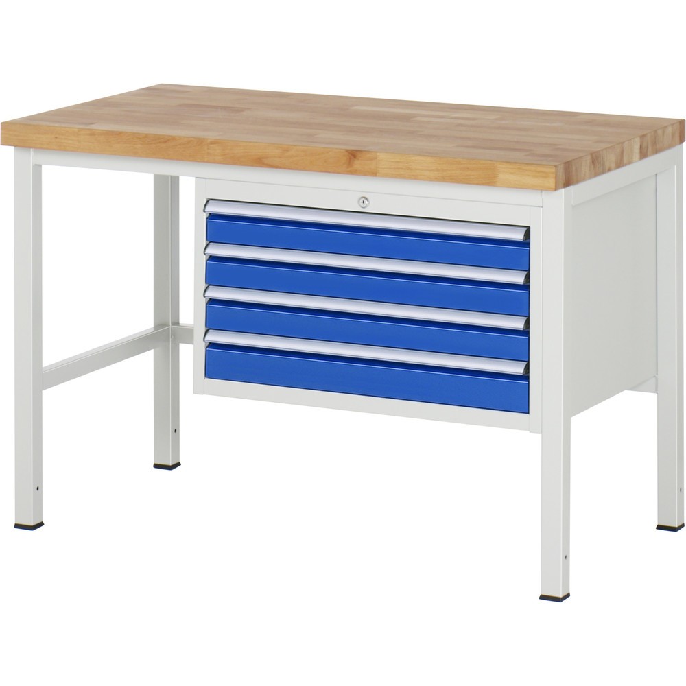 Číslo obrázka výrobku 1: Pracovný stôl RAU série 8000, v × š × h 840 – 1 040 × 1 250 × 700 mm, 4 zásuv. s 90 % vysunutím, 4 × 90 mm, nosnosť zásuv. 75 kg