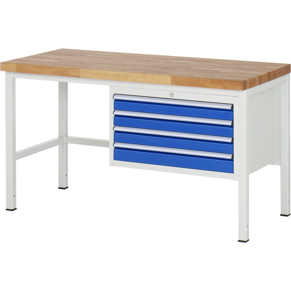 Obrázok výrobku: Pracovný stôl RAU série 8000, v × š × h 840 – 1 040 × 1 500 × 700 mm, 4 zásuv. so 100 % vysunutím, 4 × 90 mm, nosnosť zásuv. 75 kg