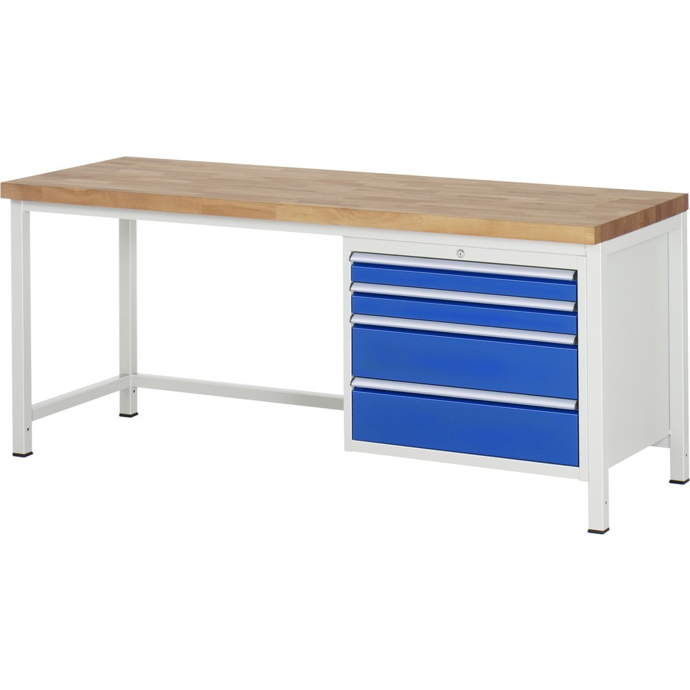 Číslo obrázka výrobku 1: Pracovný stôl RAU série 8000, v × š × h 840 – 1 040 × 2 000 × 700 mm, 4 zásuv. s 90 % vysunutím, 2 × 90, 2 × 180 mm, nosnosť zásuv. 75 kg