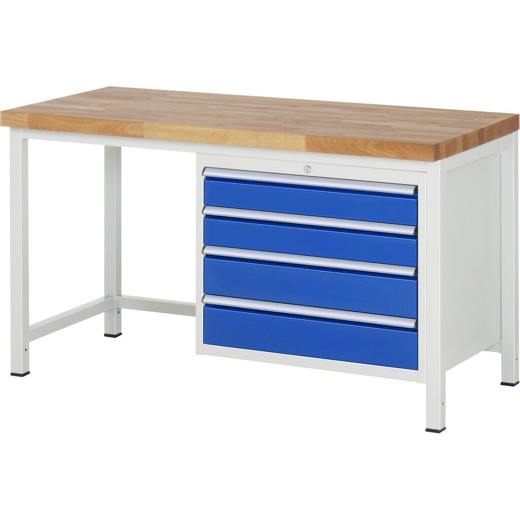Obrázok výrobku: Pracovný stôl RAU série 8000, v × š × h 840 – 1 040 × 1 500 × 700 mm, 4 zásuv. s 90 % vysunutím, 2 × 120, 2 × 150 mm, nosnosť zásuv. 75 kg