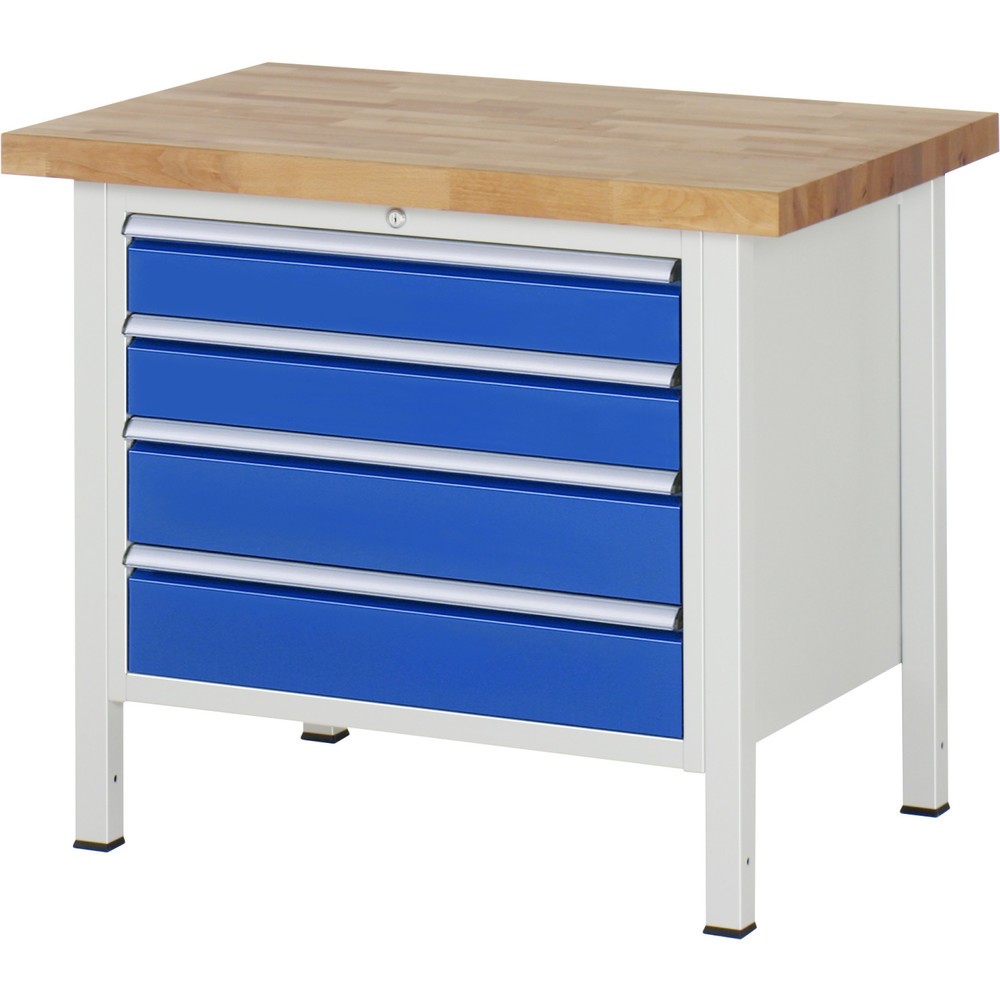 Číslo obrázka výrobku 1: Pracovný stôl RAU série 8000, v × š × h 840 × 1 000 × 700 mm, 4 zásuv. s 90 % vysunutím, 2 × 120, 2 × 150 mm, nosnosť zásuv. 75 kg