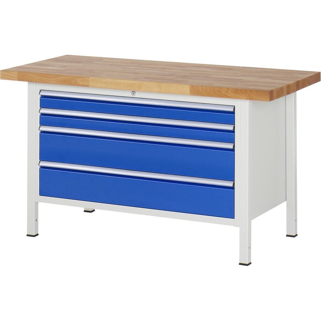 Číslo obrázka výrobku 1: Pracovný stôl RAU série 8000, v × š × h 840 × 1 500 × 700 mm, 4 zásuv. s 90 % vysunutím, 2 × 90, 2 × 180 mm, nosnosť zásuv. 50 kg