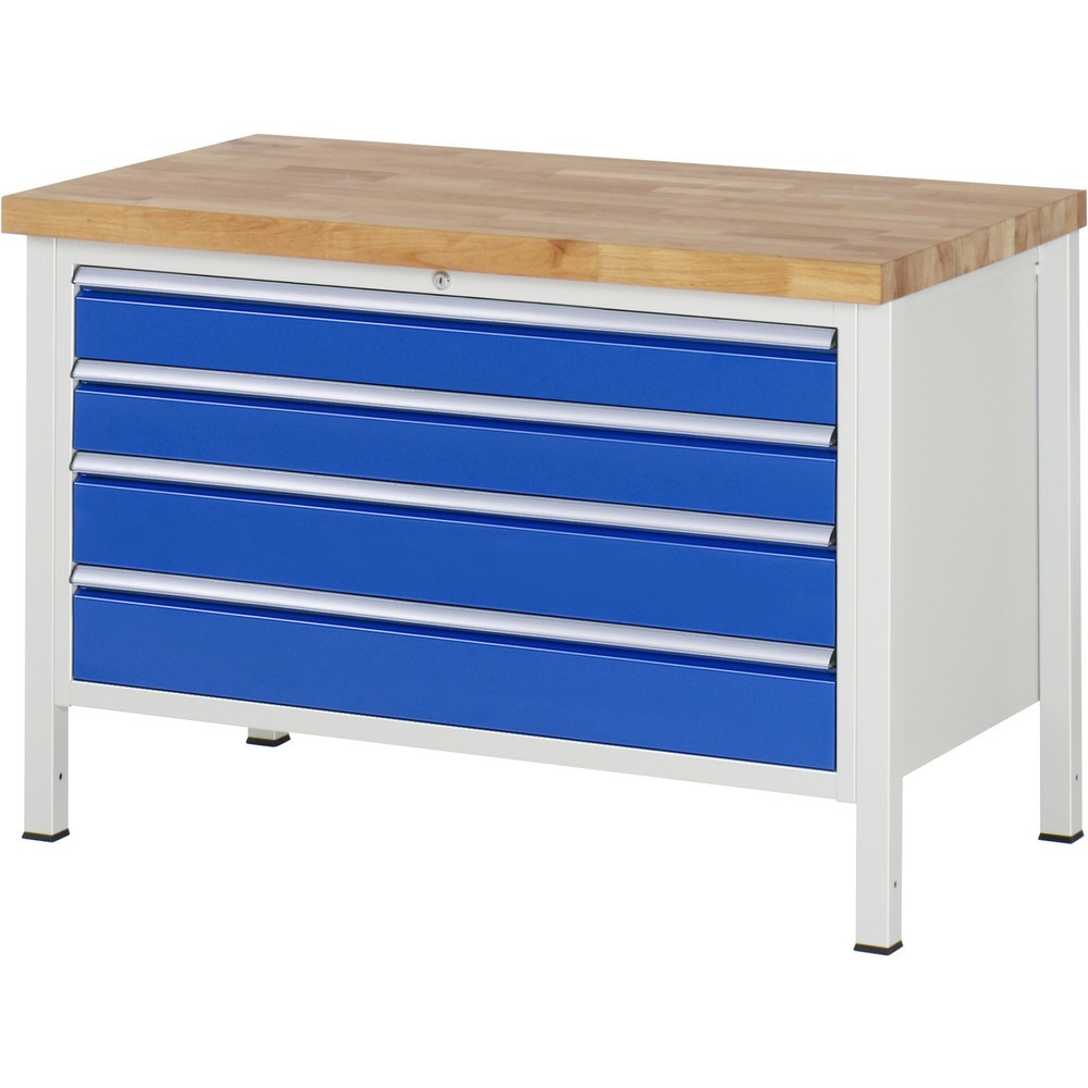 Obrázok výrobku: Pracovný stôl RAU série 8000, v × š × h 840 – 1 040 × 1 250 × 700 mm, 4 zásuv. so 100 % vysunutím, 2 × 120, 2 × 150 mm, nosnosť zásuv. 50 kg